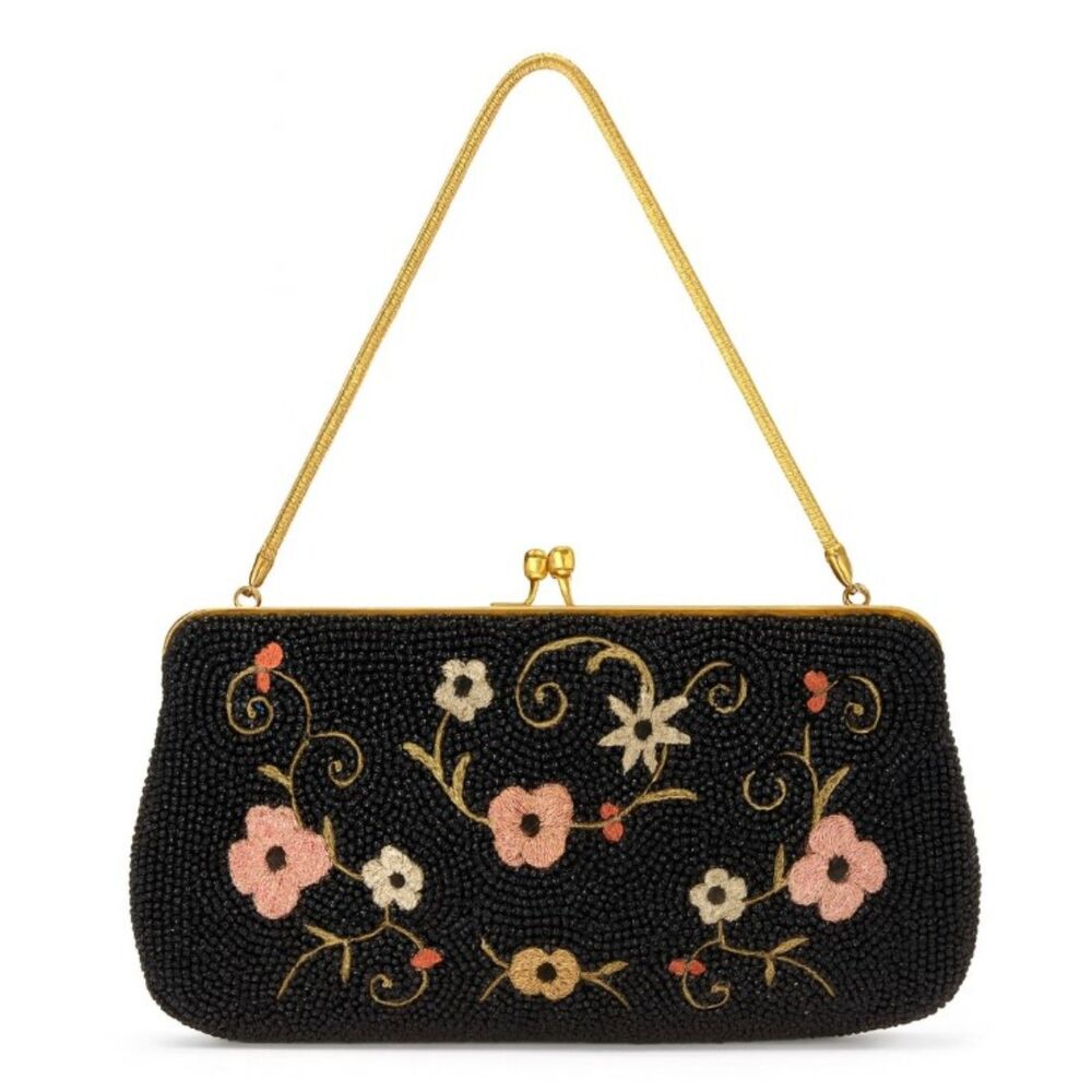 Dormar Purse Vintage Hand Made Belgium Black Beaded Embroidered Floral Kiss Lock